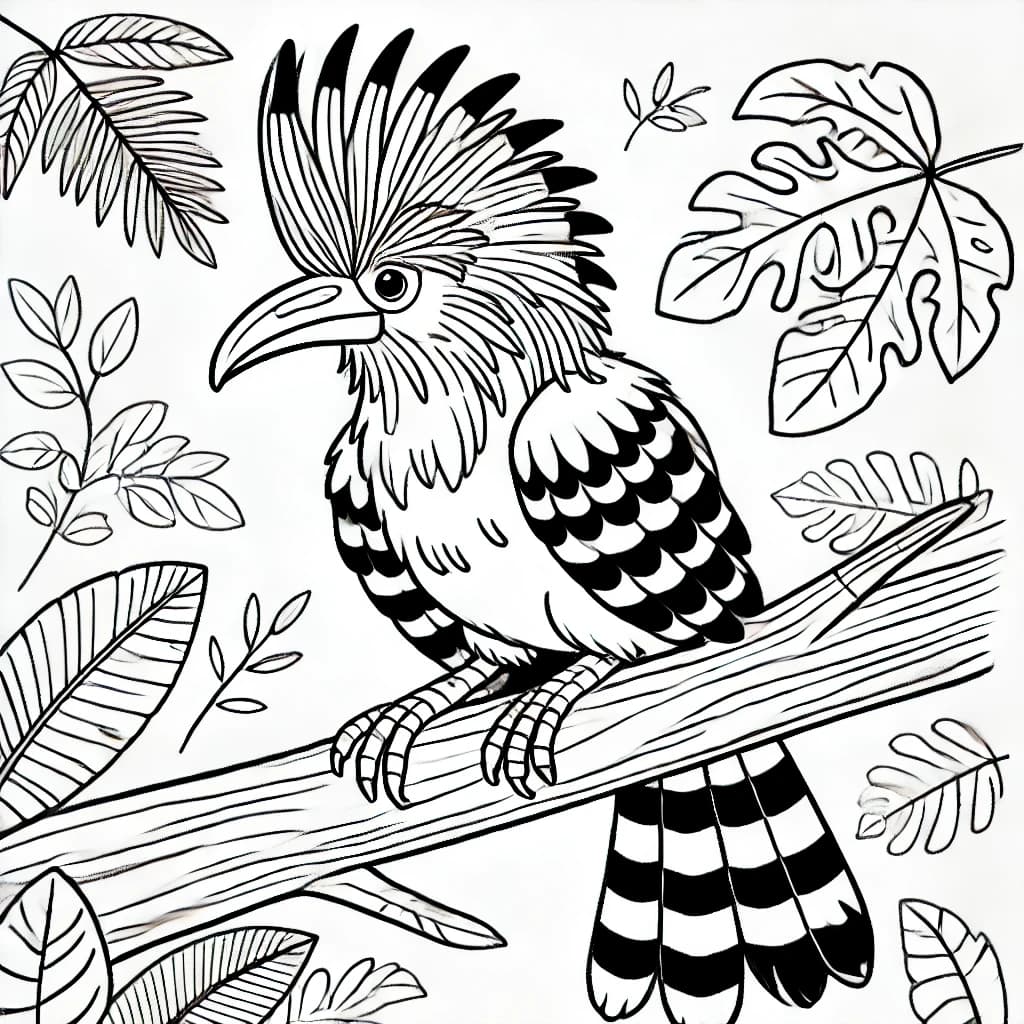 Ausmalbild - Hoatzin im Dschungel - Hoatzin, Vogel, Dschungel, Äste