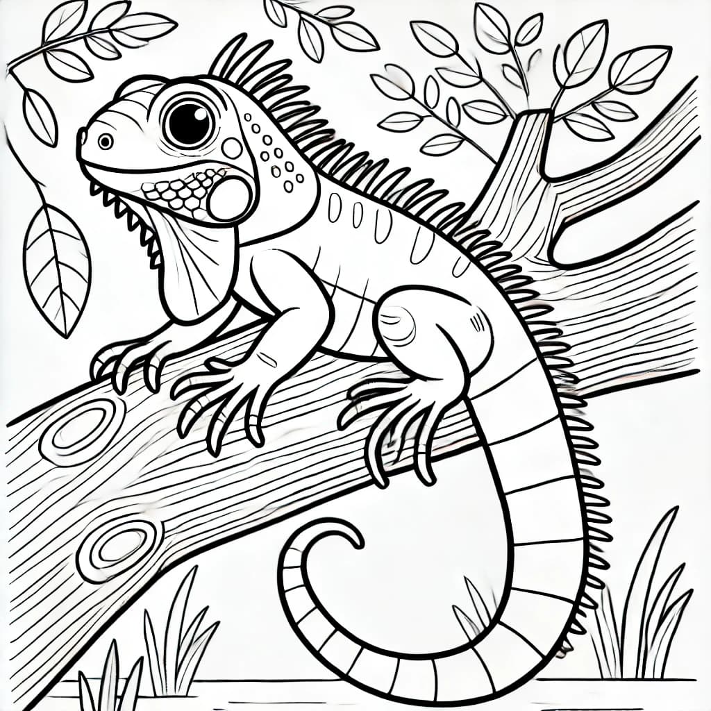 Ausmalbild - Freundlicher Leguan auf einem Baum - Leguan, Echse, Baum, Natur
