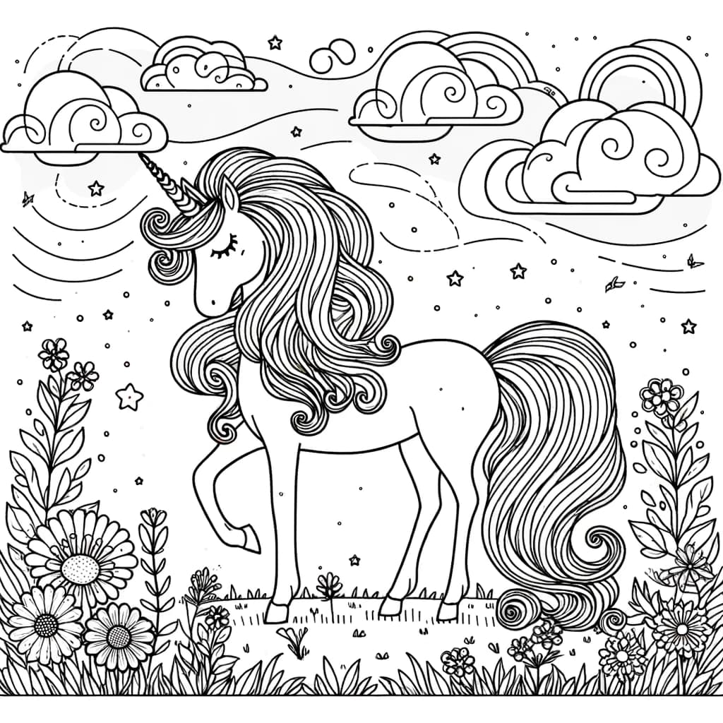 Ausmalbild - Magisches Einhorn im Zauberwiesen - Einhorn, Zauberwiese, Blumen, Wolken