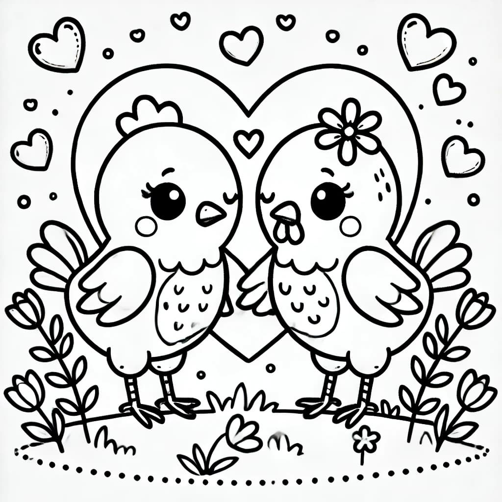 Ausmalbild - Verliebte Hühner - Huhn, Liebe, Herz, Tiere