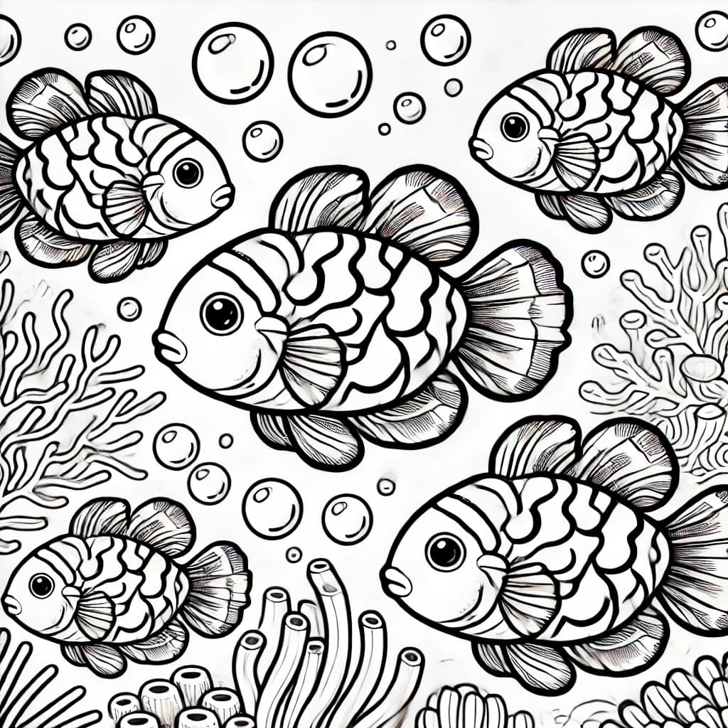Ausmalbild - Mandarinfische im Korallenriff - Mandarinfisch, Fische, Meer, Korallen