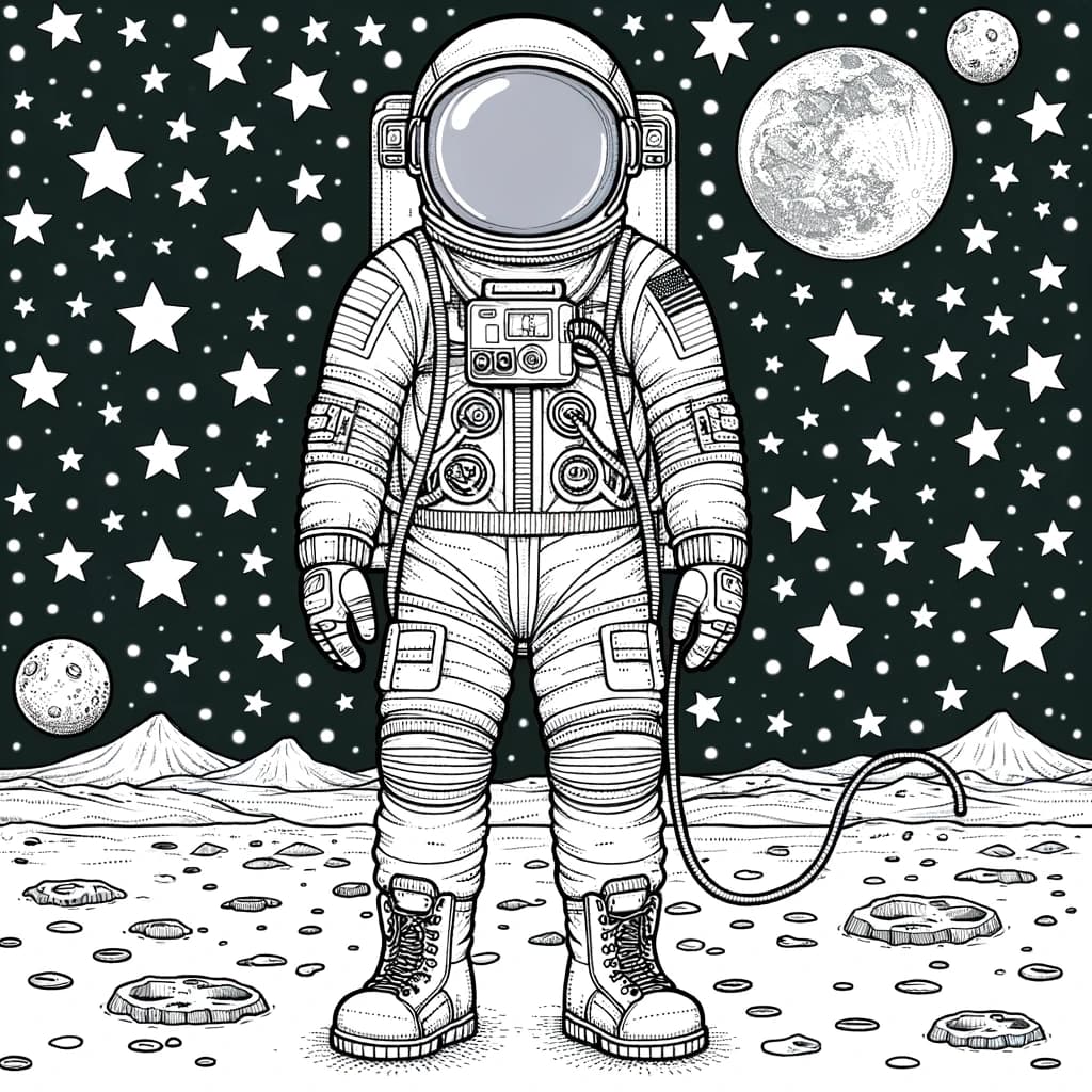 Ausmalbild - Astronaut auf dem Mond - Astronaut, Mond, Sterne, Erde