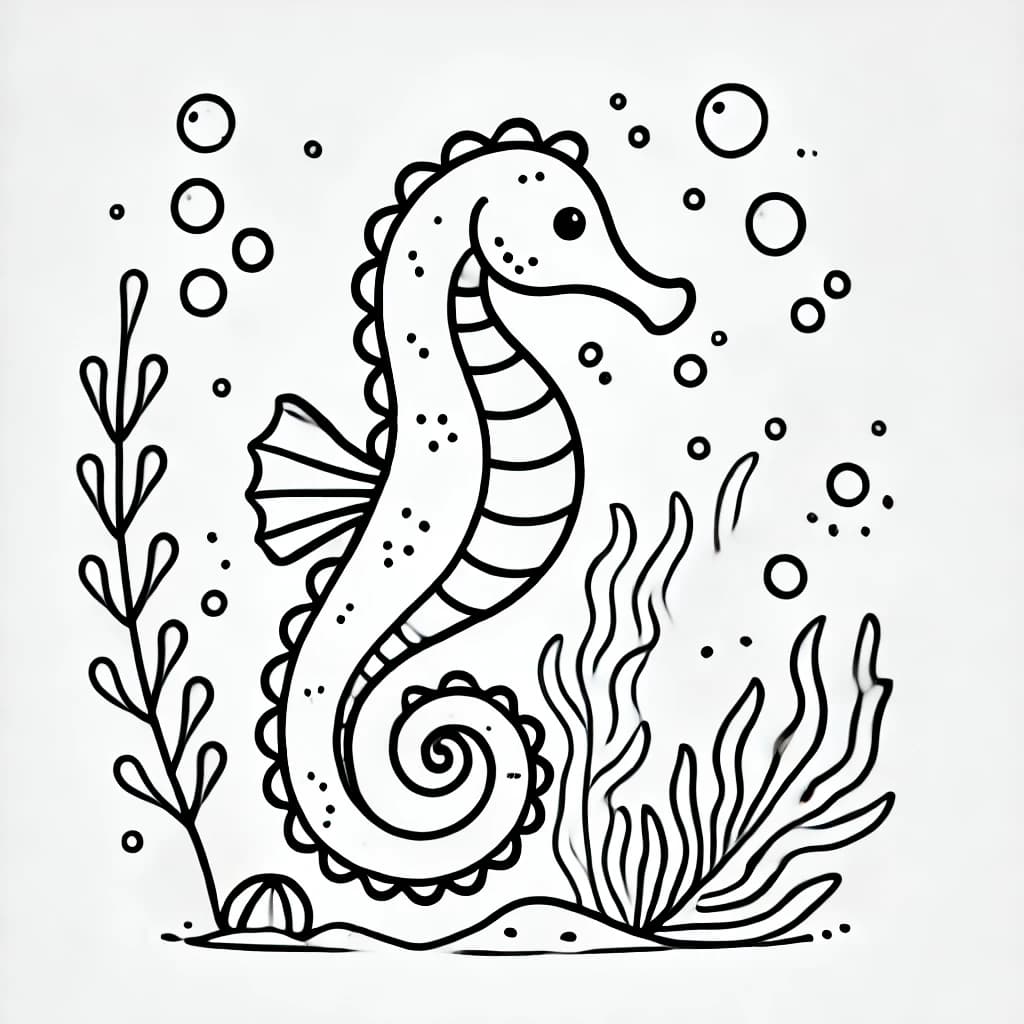 Ausmalbild - Seepferdchen im Meer - Seepferdchen, Meer, Blasen, Seegras