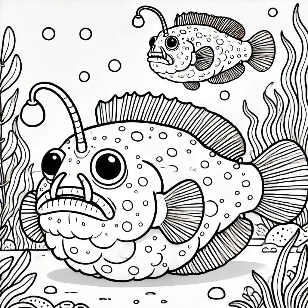 Ausmalbild - Zwei Seeteufel unter Wasser - Seeteufel, Anglerfisch, Unterwasser, Meer