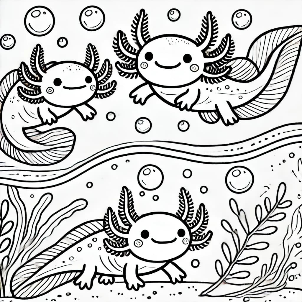 Ausmalbild - Fröhliche Axolotl im Teich - Axolotl, Fische, Teich, Wasser