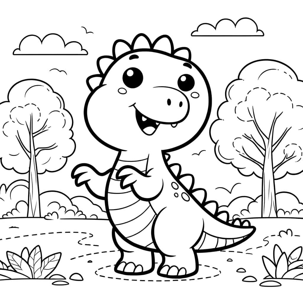 Ausmalbild - Der fröhliche Dinosaurier im Wald - Dinosaurier, Bäume, Landschaft, Spiel