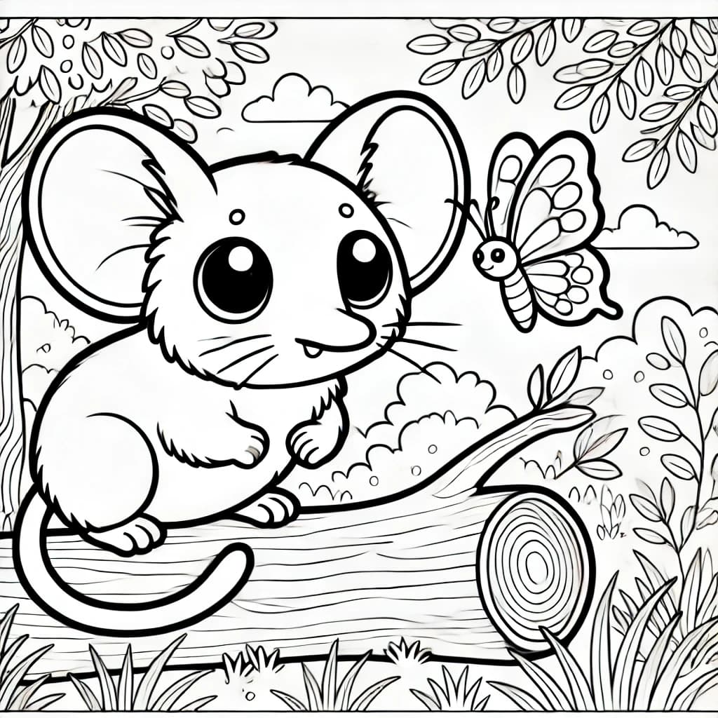 Ausmalbild - Sengi entdeckt den Wald - Sengi, Elefantenspitzmaus, Wald, Schmetterling