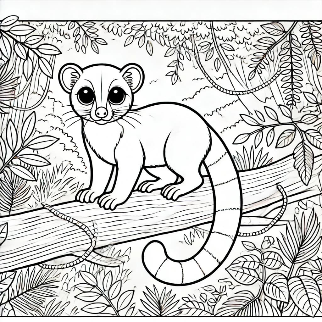 Ausmalbild - Fossa im Dschungel - Fossa, Dschungel, Baum, Blätter