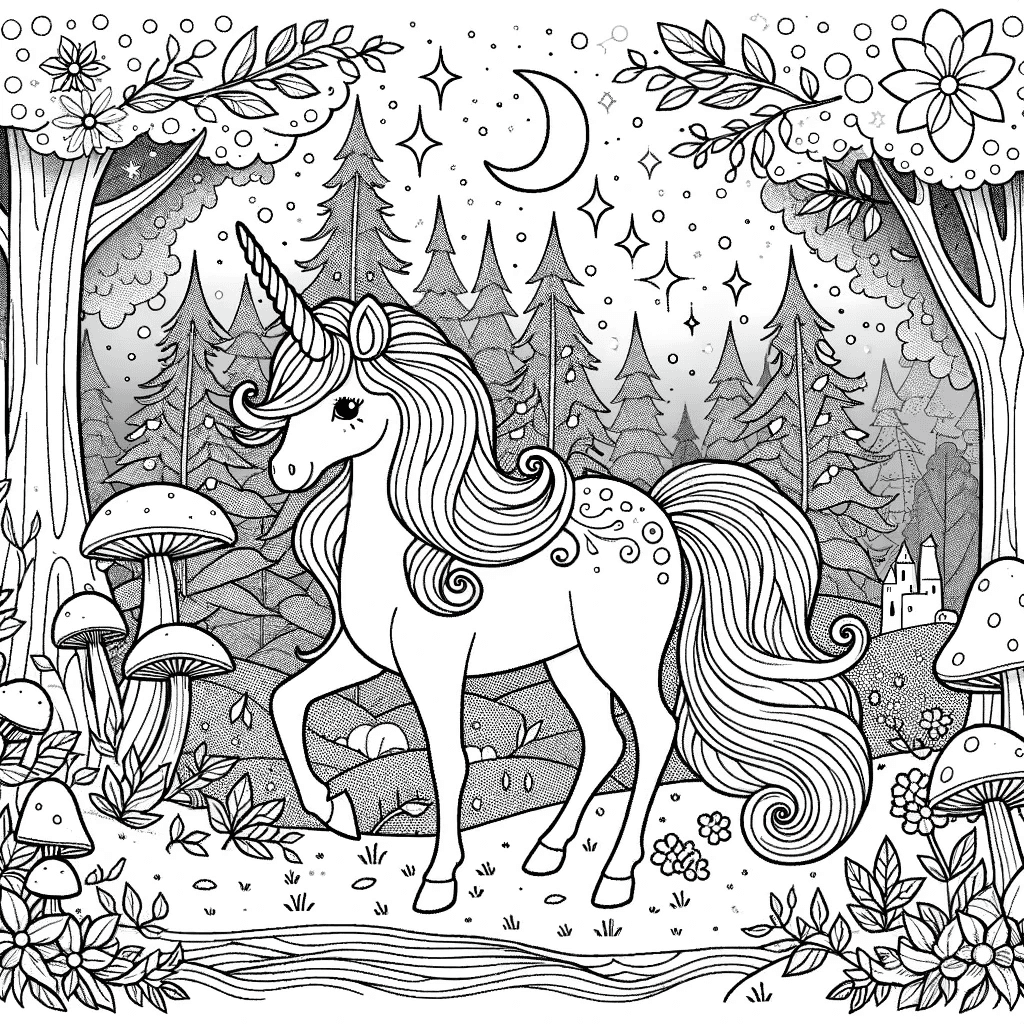 Ausmalbild - Das magische Einhorn im Zauberwald - Einhorn, magischer Wald, Bäume, Blumen