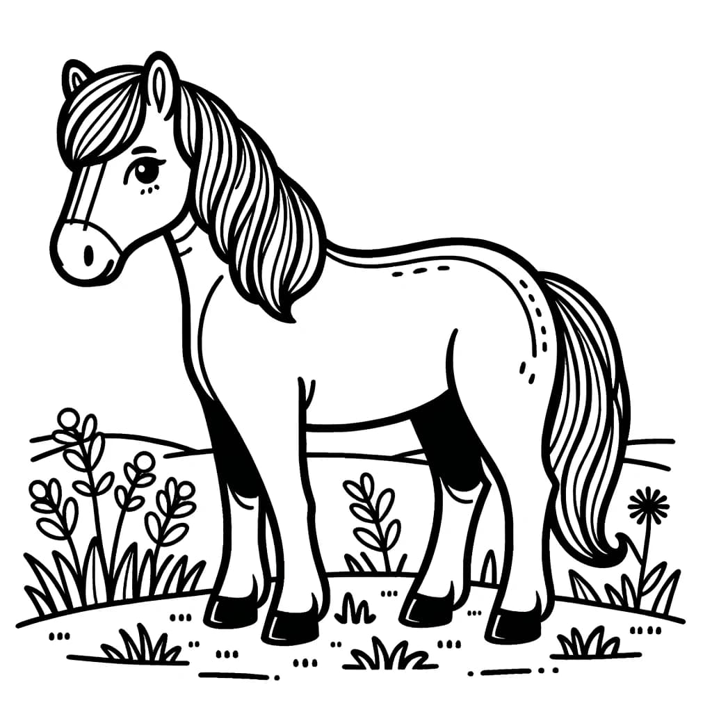 Ausmalbild - Pferd auf der Wiese - Pferd, Wiese, Blumen, Gras