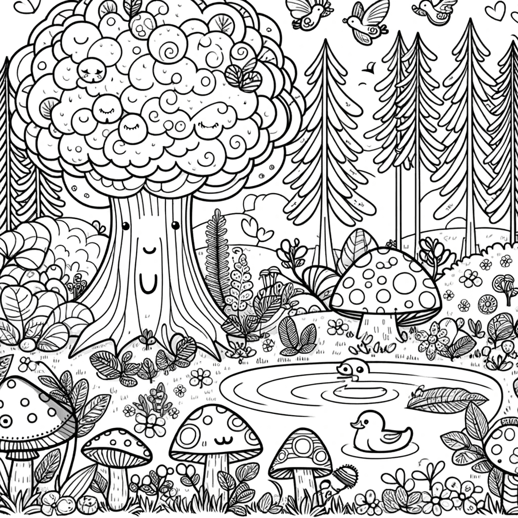 Ausmalbild - Magischer Wald - Magischer Wald, freundlicher Baum, Ententeich, übergroße Pilze