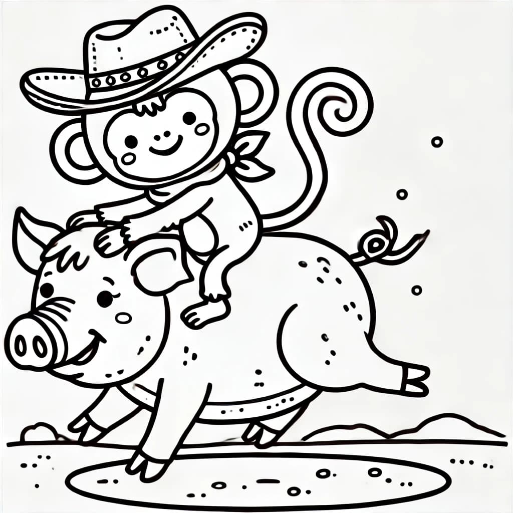 Ausmalbild - Affe mit Cowboyhut reitet auf einem Schwein - Affe, Cowboyhut, Schwein, Reiten