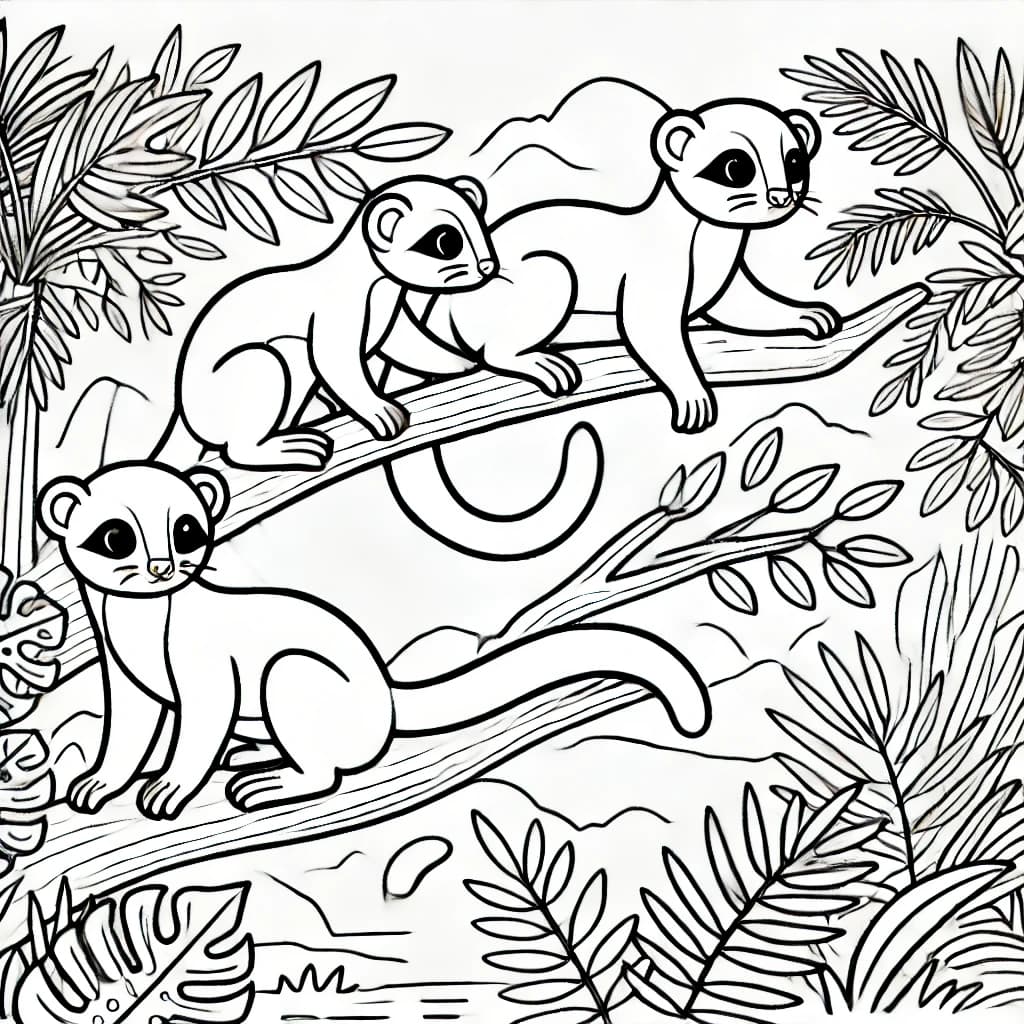Ausmalbild - Verspielte Fossas im Dschungel - Fossa, Dschungel, Bäume, Klettern