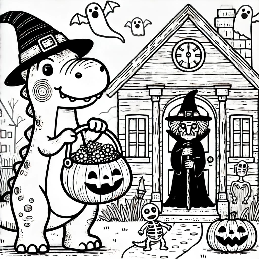 Ausmalbild - Dino an Halloween - Dinosaurier, Hexe, Halloween, Skelett