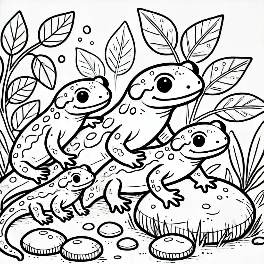 Ausmalbild - Familie Salamander im Wald - Salamander, Familie, Natur, Blätter