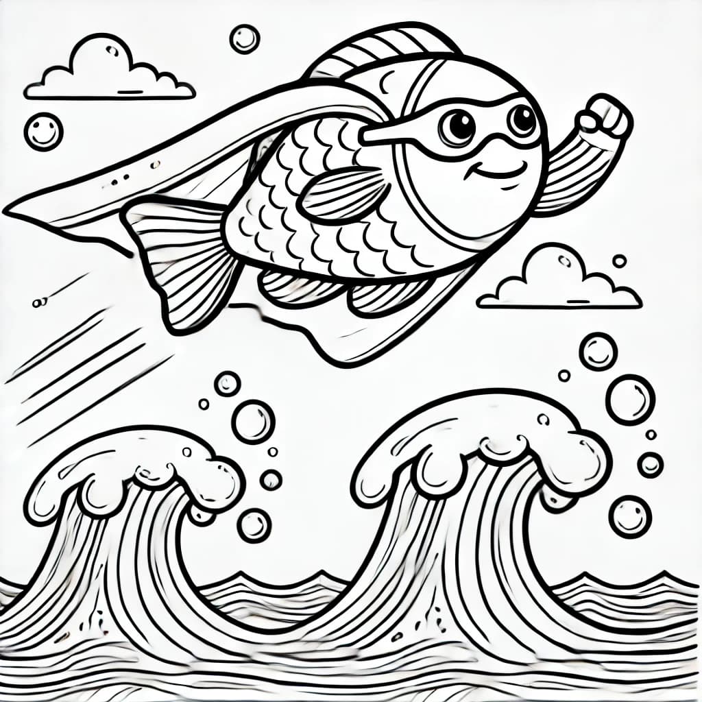 Ausmalbild - Superhelden-Fisch rettet den Ozean - Fisch, Superheld, Meer, Wellen