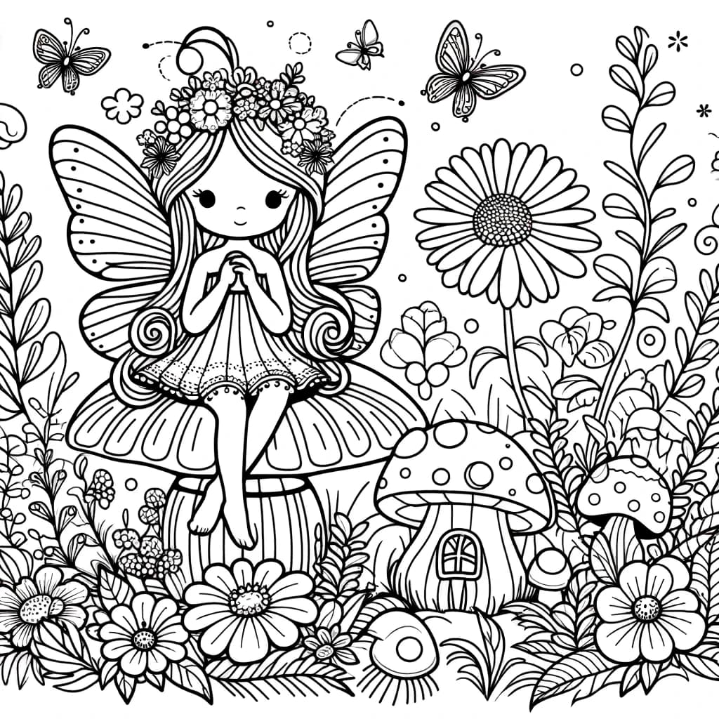 Ausmalbild - Feen im Zauberwald - Feen, Zauberwald, Blumen, Pilze