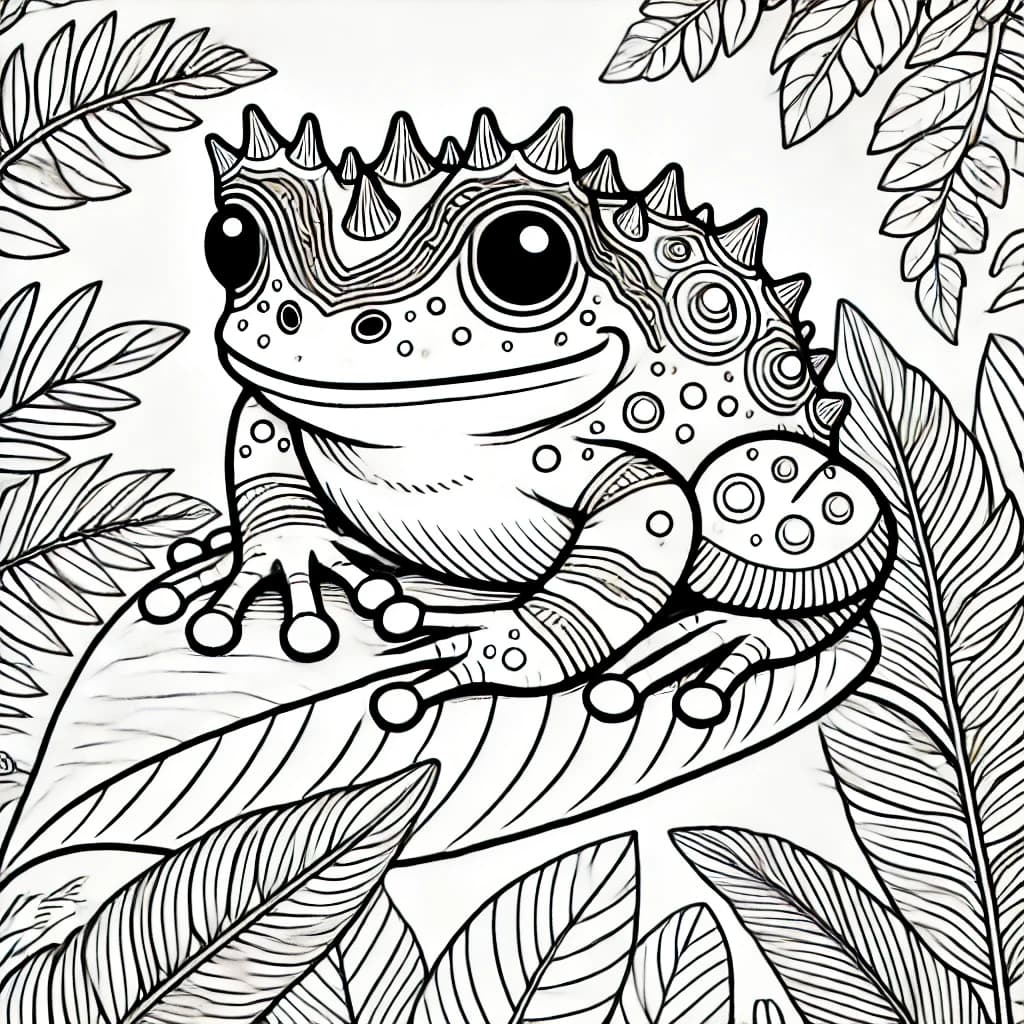 Ausmalbild - Schmuckhornfrosch im Dschungel - Frosch, Amphibien, Dschungel, Blätter