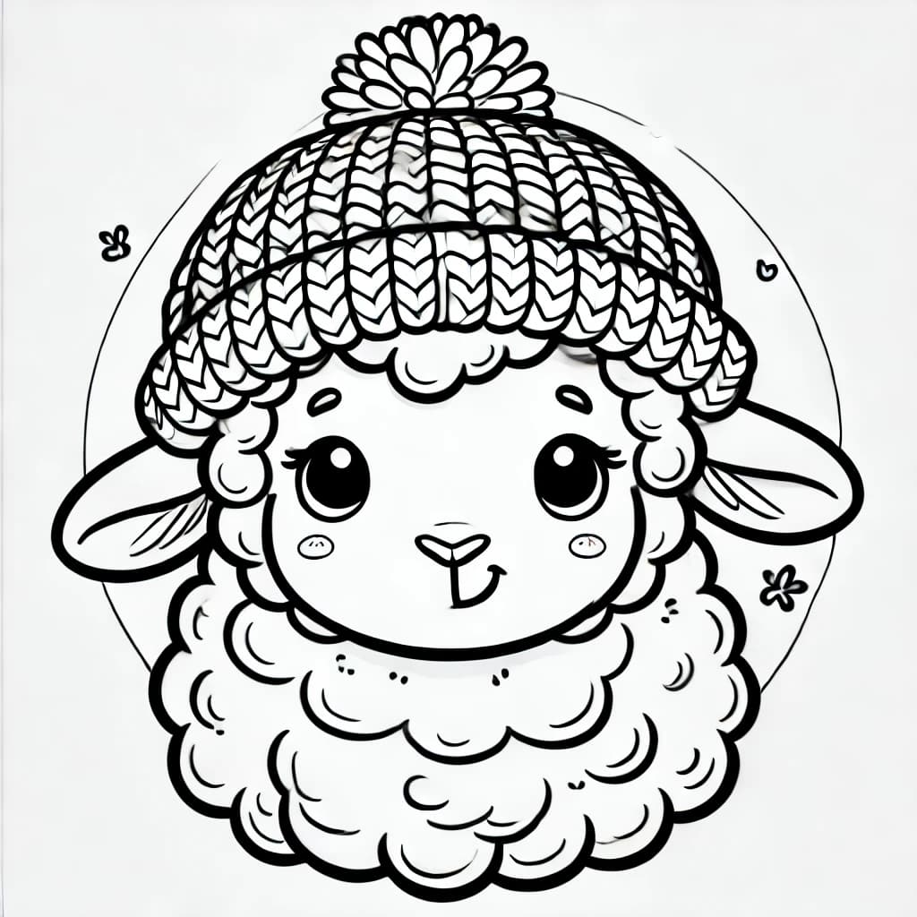 Ausmalbild - Schaf mit Wollmütze - Schaf, Strickmütze, Wolle, Bauernhof