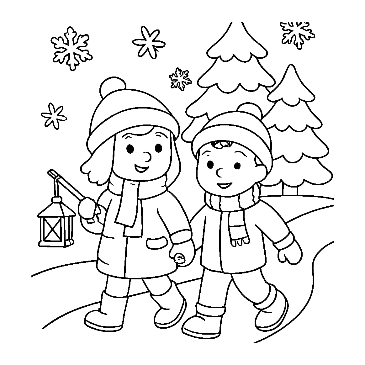 Ausmalbild - Adventsspaziergang im Schnee - Advent, Winter, Schnee, Spaziergang