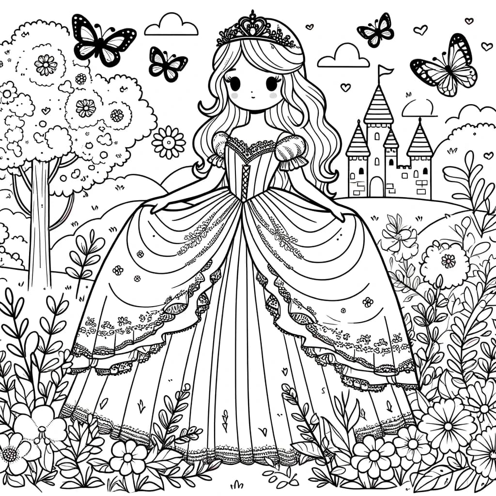 Ausmalbild - Prinzessin im Garten - prinzessin, garten, blumen, schmetterlinge