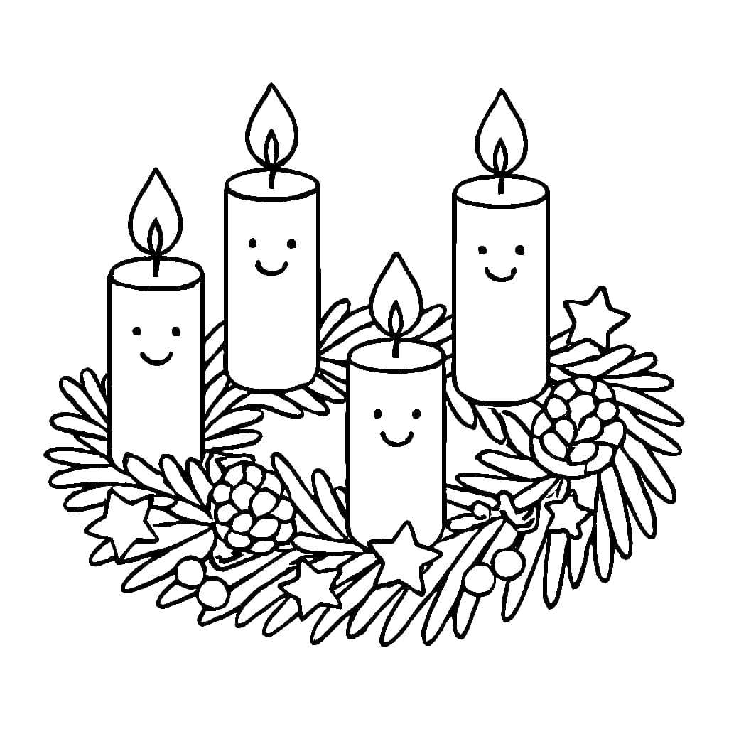 Ausmalbild - Adventskranz mit Zapfen und Sternen - Advent, Adventskranz, Kerzen, Tannenzapfen