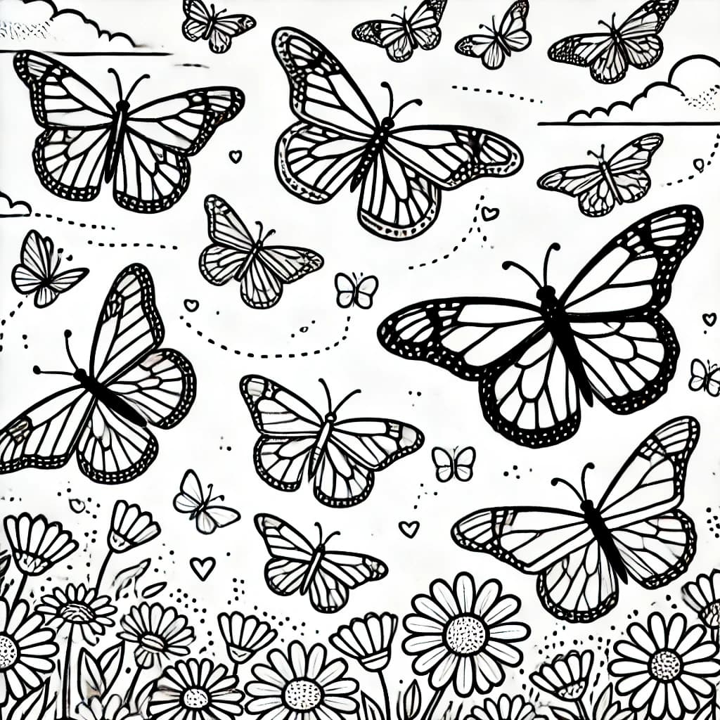Ausmalbild - Monarchfalter im Flug - Monarchfalter, Schmetterlinge, Natur, Fliegen