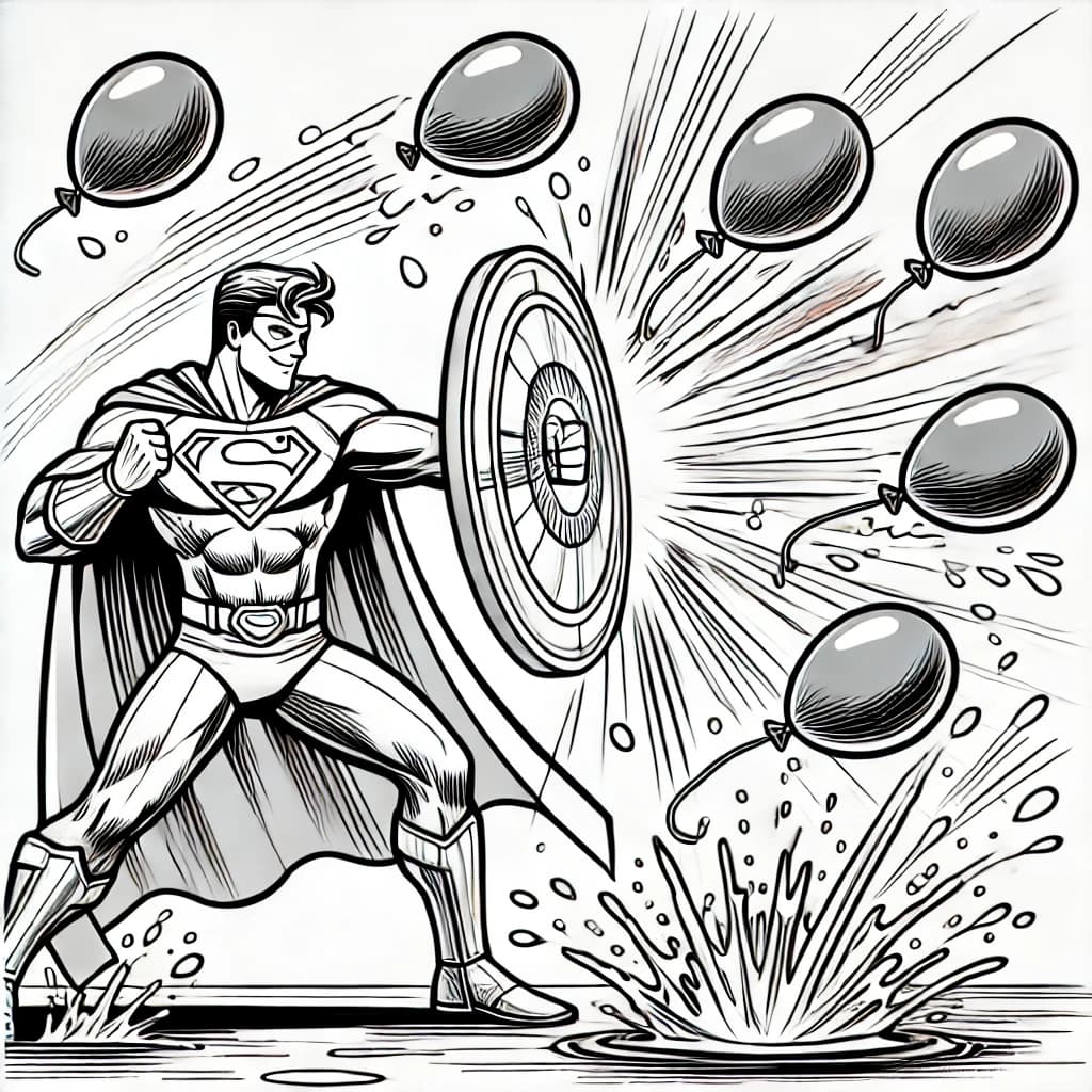 Ausmalbild - Superheld mit Schutzschild gegen Wasserballons - Superheld, Energie-Schild, Wasserballon, Action