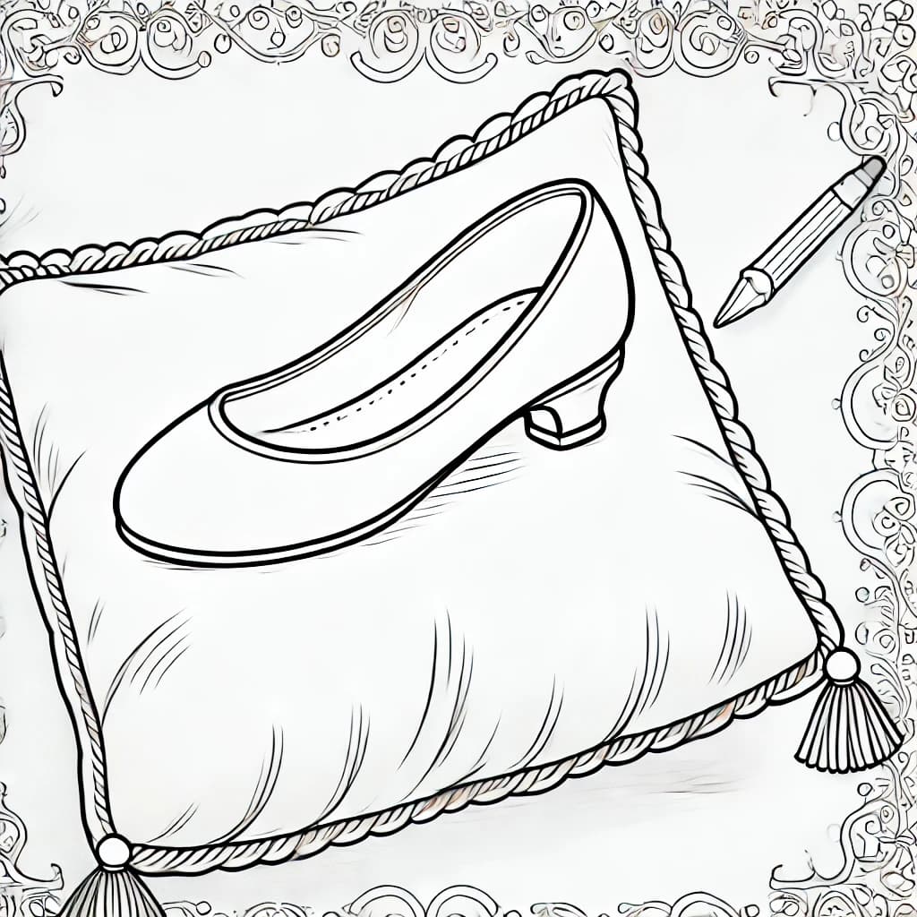 Ausmalbild - Der goldene Schuh auf dem Kissen - Schuh, Kissen, Märchen, Königreich