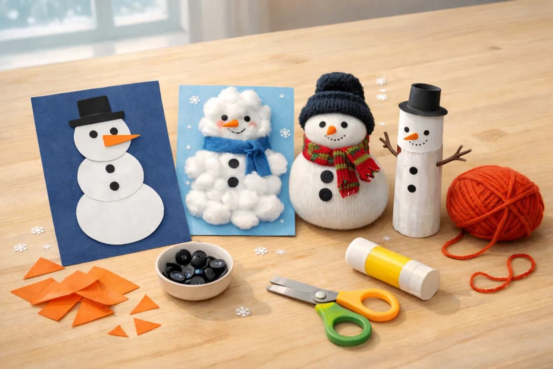 Vier selbst gebastelte Schneemänner stehen und liegen nebeneinander auf einem Holztisch: ein flacher Schneemann aus drei weißen Papierkreisen mit schwarzem Zylinder und oranger Papiernase auf dunkelblauem Karton, ein Schneemann aus aufgeklebten Wattebäuschen mit blauem Filzschal, ein dicker Schneemann aus einer weißen Socke mit dunkler Strickmütze und rotem Schal sowie ein schlanker Schneemann aus einer weiß bemalten Papprolle mit Zweigarmen. Davor liegen orange Papierschnipsel, eine Schale mit schwarzen Knöpfen, ein Klebestift, eine Kinderschere und ein Wollknäuel.