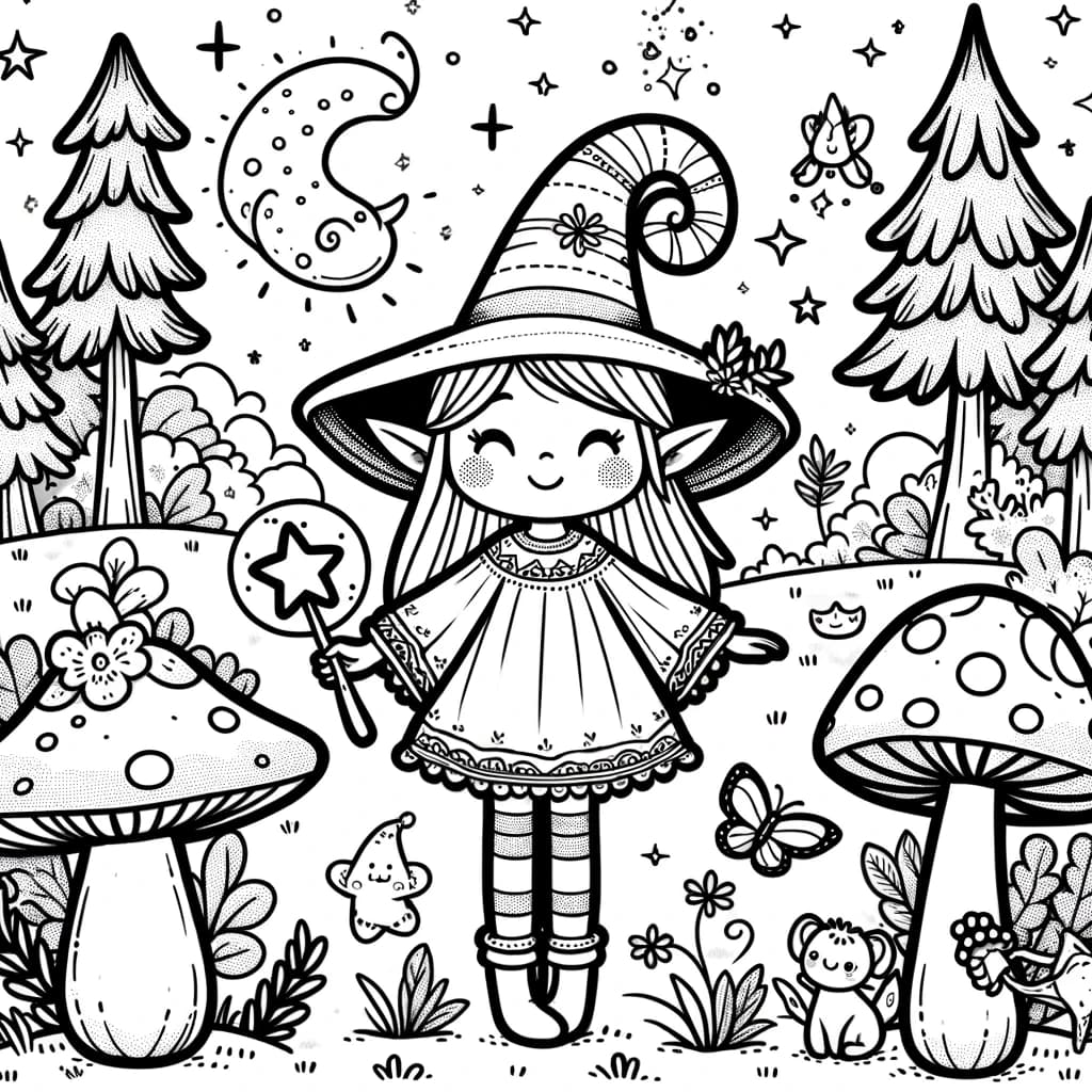 Ausmalbild - Magische Elfe im Zauberwald - Elfe, Zauberwald, Pilze, Waldtiere