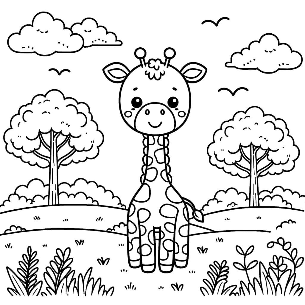 Ausmalbild - Freundliche Giraffe im Grasland - Giraffe, Grasland, Bäume, Vögel