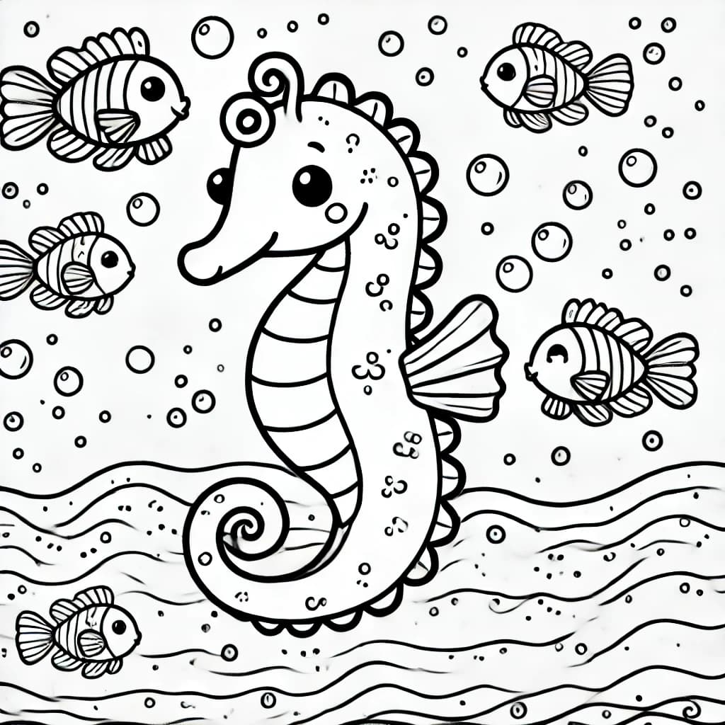 Ausmalbild - Seepferdchen im Meer - Seepferdchen, Fische, Meer, Unterwasser