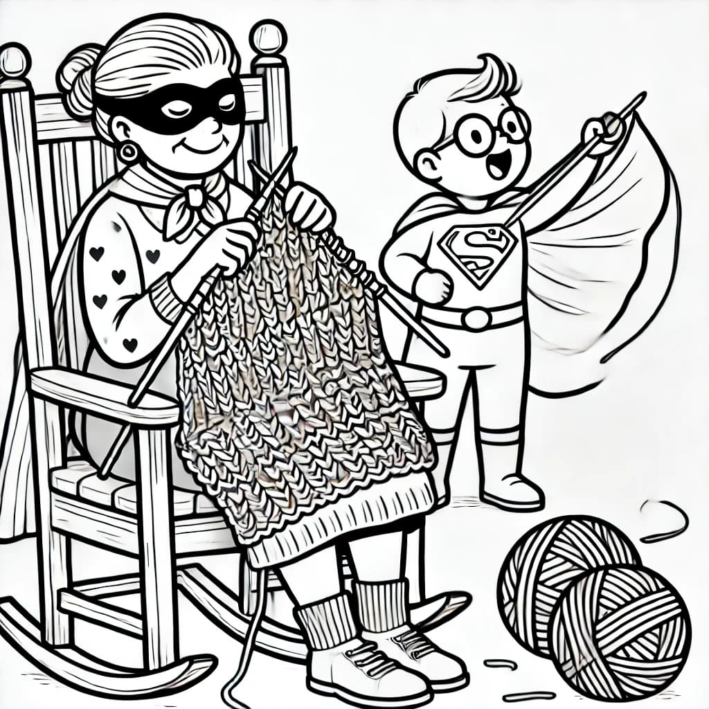 Ausmalbild - Superhelden-Oma strickt einen Umhang - Superheld, Oma, Stricken, Umhang