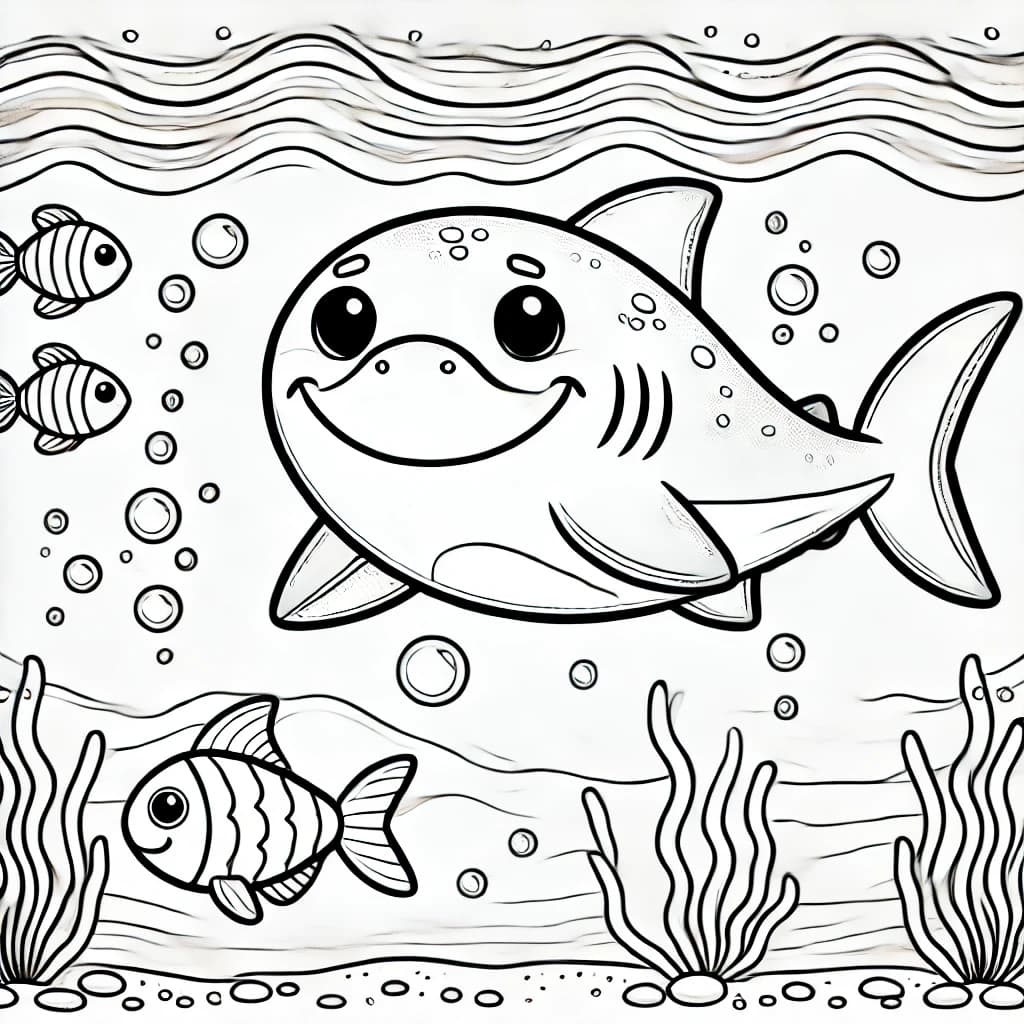 Ausmalbild - Fröhlicher Hai im Meer - Hai, Meer, Fische, Wasserblasen