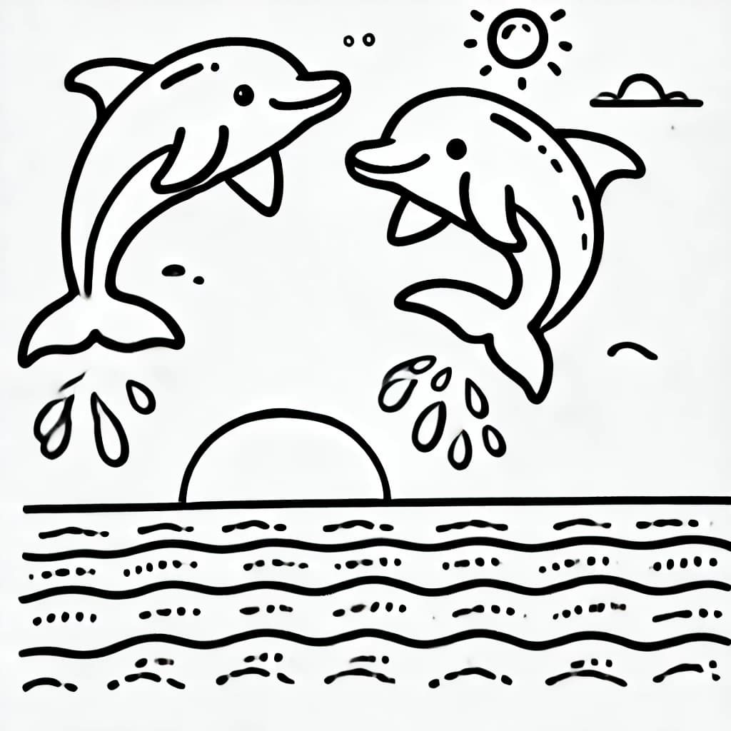 Ausmalbild - Zwei fröhliche Delfine - Delfin, Meer, Wasser, Sonne