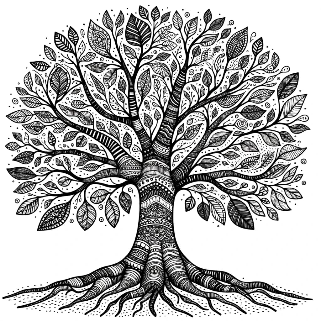 Ausmalbild - Der lebendige Baum - Baum, Äste, Wurzeln, Blätter