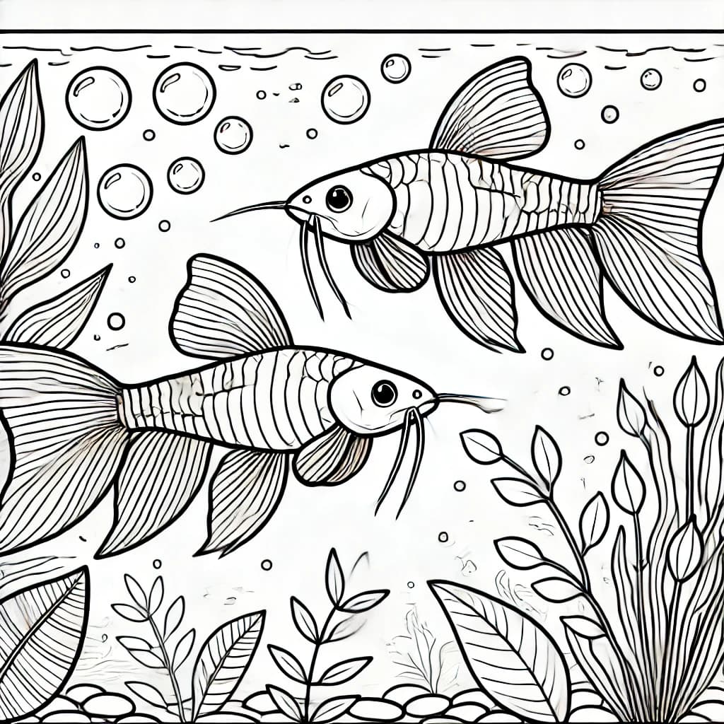 Ausmalbild - Zwei Glaswelse im Aquarium - Fisch, Glaswels, Aquarium, Wasser