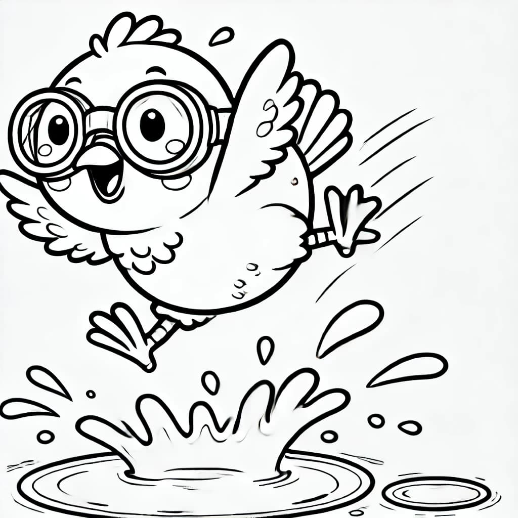 Ausmalbild - Huhn mit Taucherbrille springt in eine Pfütze - Huhn, Taucherbrille, Pfütze, Sprung