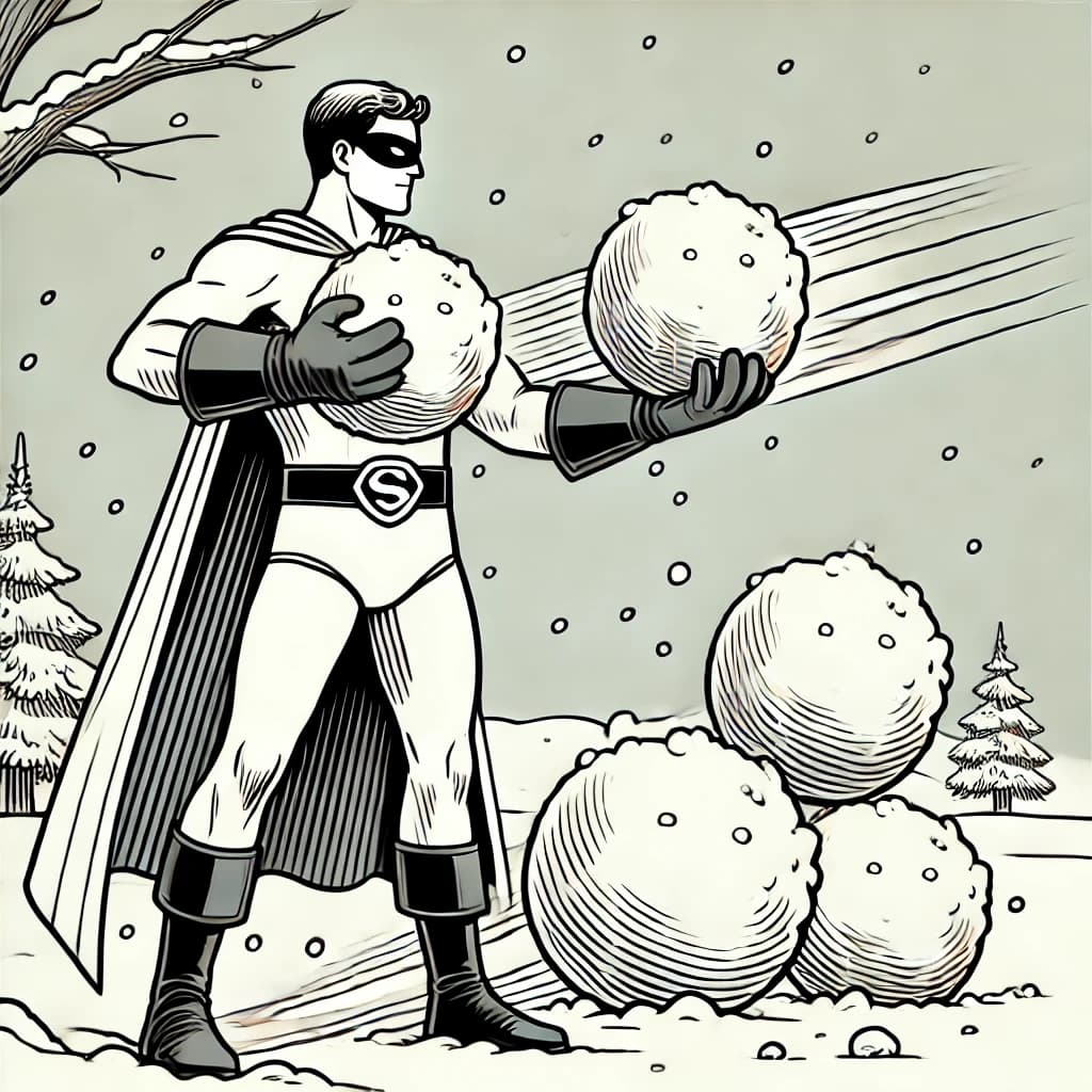 Ausmalbild - Superheld mit Schneehandschuhen - Superheld, Schnee, Winter, Schneebälle