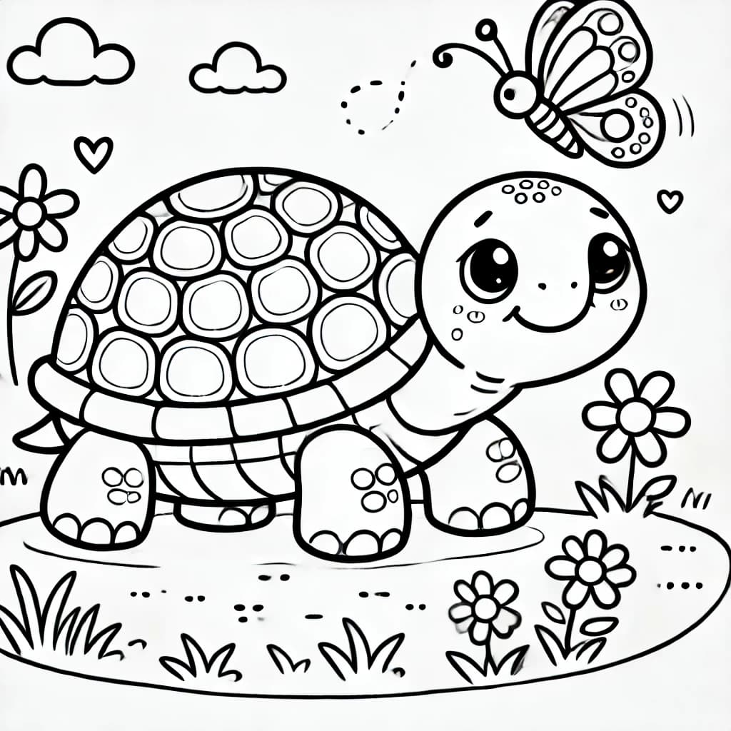 Ausmalbild - Fröhliche Schildkröte im Gras - Schildkröte, Tiere, Natur, Blumen
