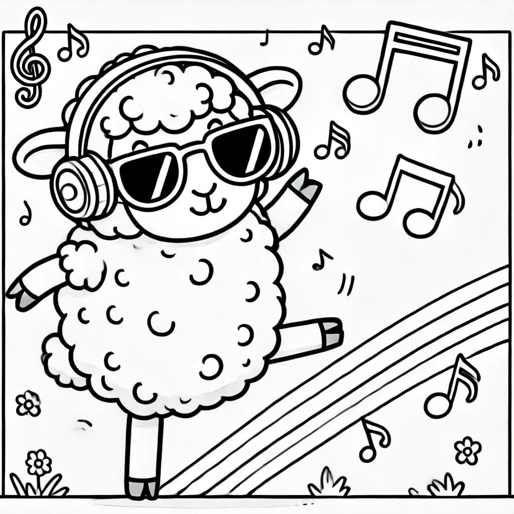 Ausmalbild - Tanzendes Schaf mit Musik - Schaf, Musik, Kopfhörer, Sonnenbrille
