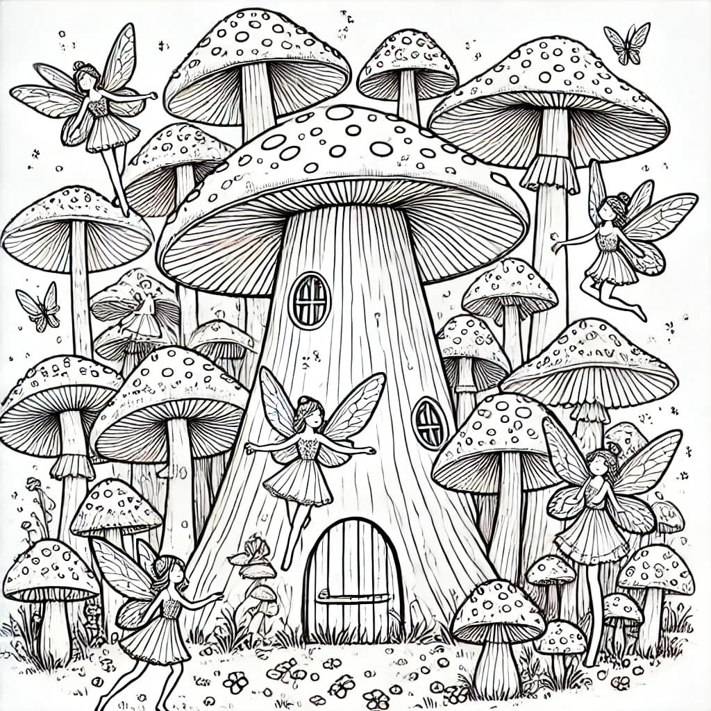 Ausmalbild - Der tanzende Feenwald - Pilzwald, Feen, Magie, Wald