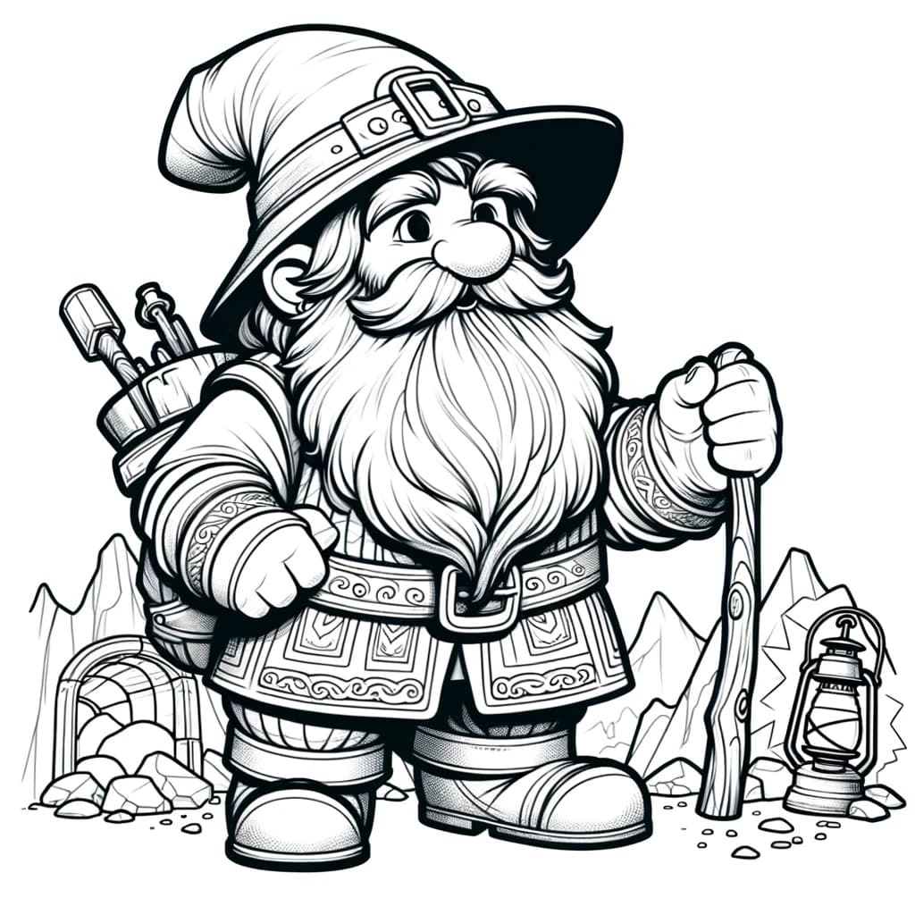 Ausmalbild - Der freundliche Zwerg - Zwerg, Pickaxe, Laterne, Tunic