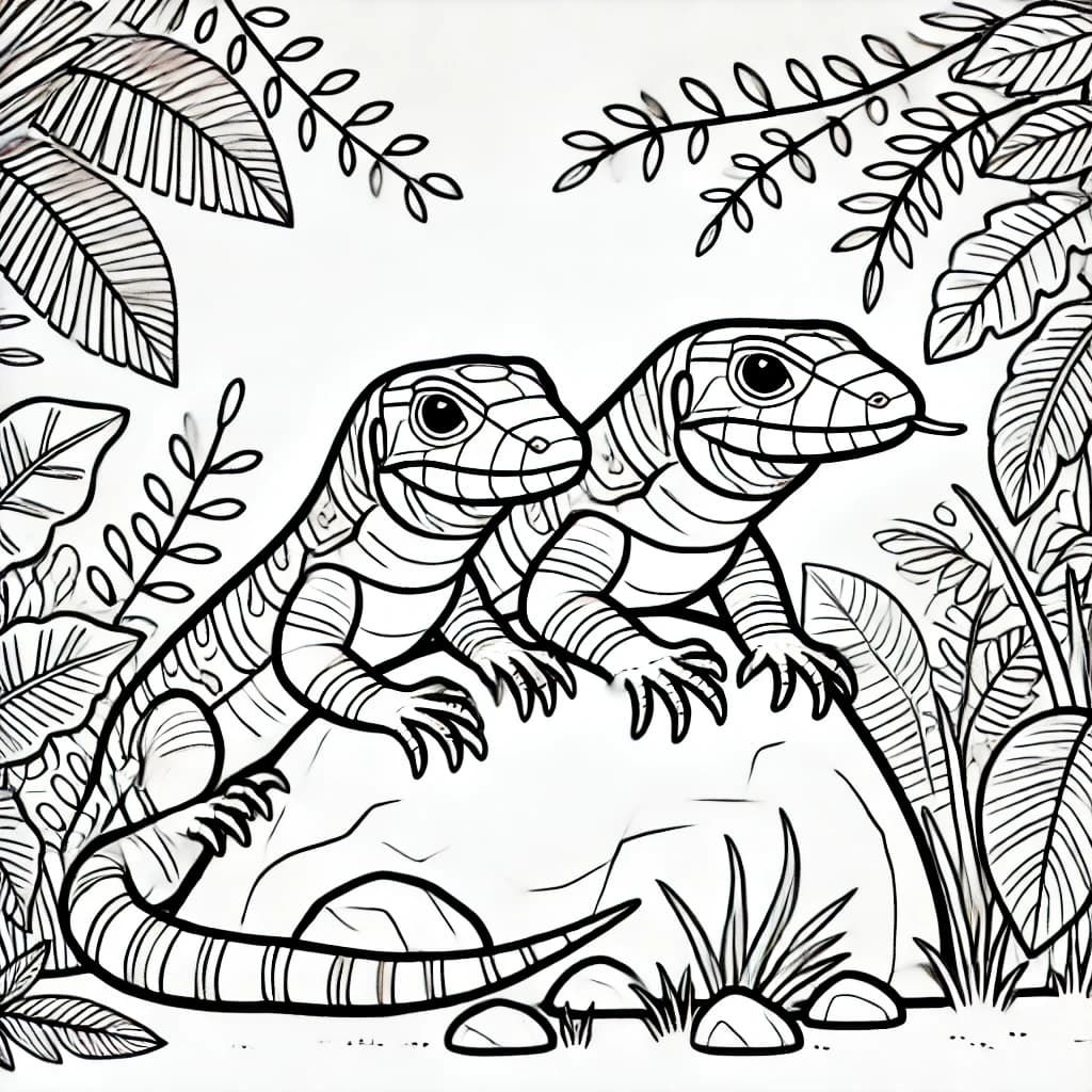 Ausmalbild - Zwei freundliche Tegu-Echsen im Dschungel - Tegu, Echse, Dschungel, Blätter