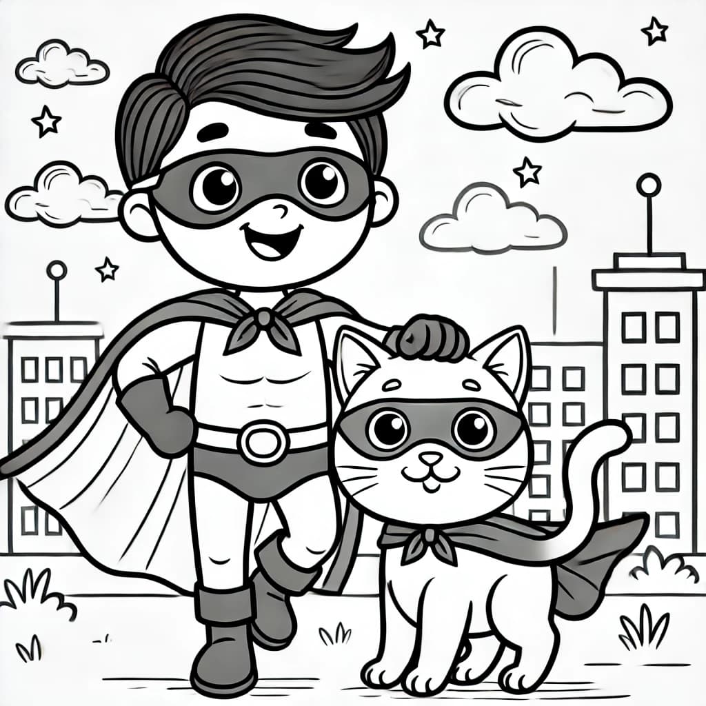 Ausmalbild - Superheld und Superkatze auf Spaziergang - Superheld, Katze, Spaziergang, Umhang