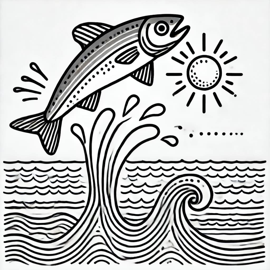 Ausmalbild - Springender Hering im Meer - Fisch, Meer, Wellen, Hering