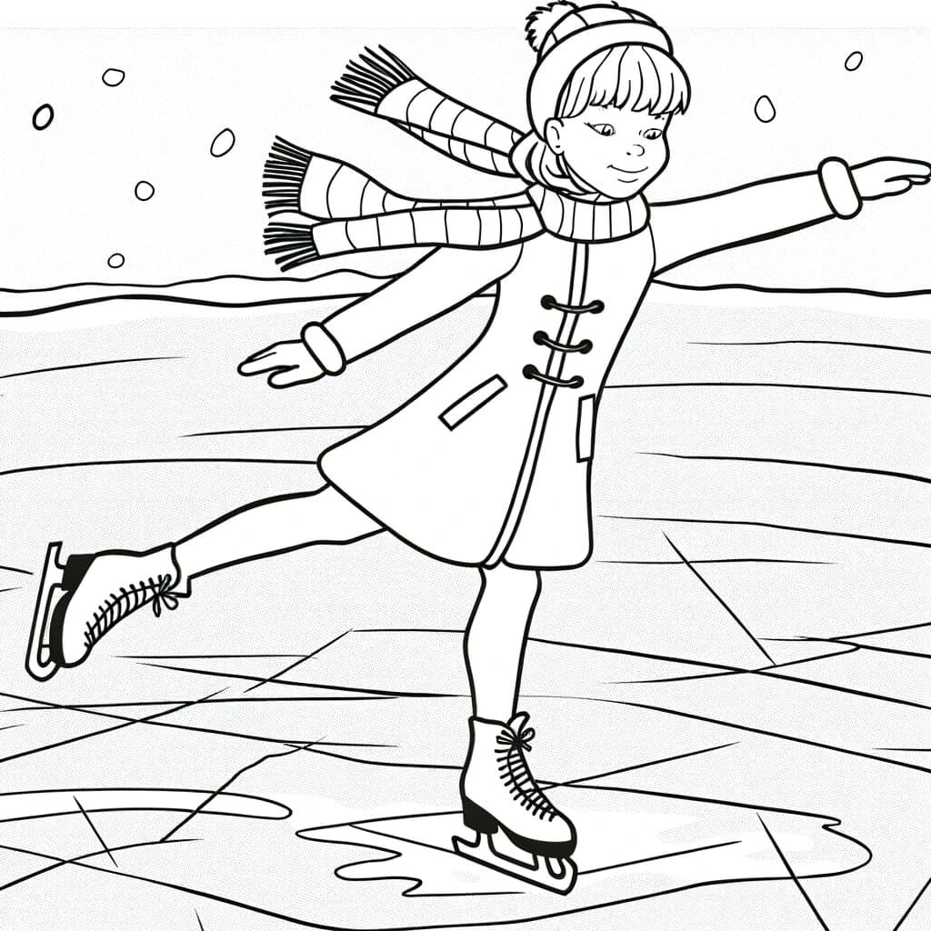 Ausmalbild - Eisläuferin auf gefrorenem Teich - Eisläuferin, Eislaufen, Winter
