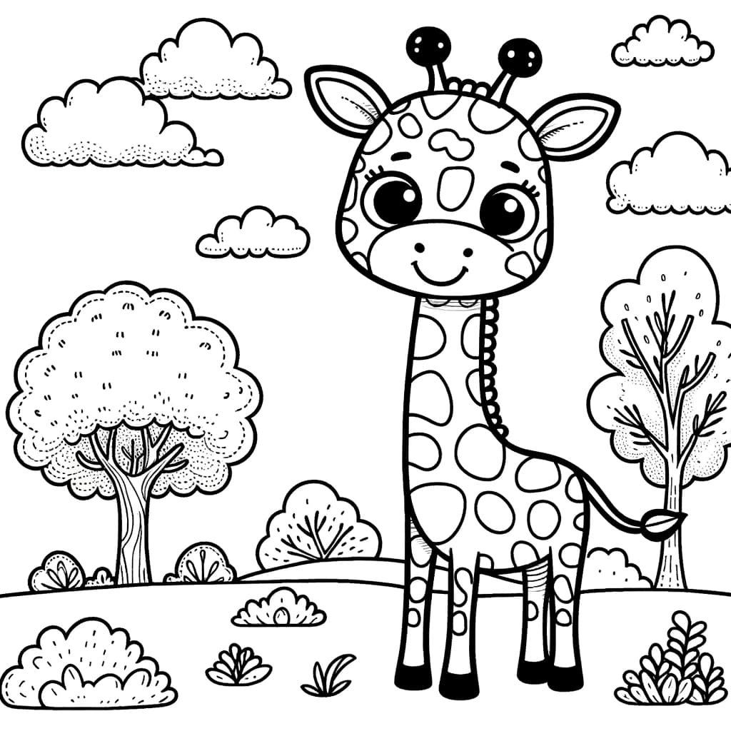 Ausmalbild - Die fröhliche Giraffe - Giraffe, Bäume, Wolken, Landschaft