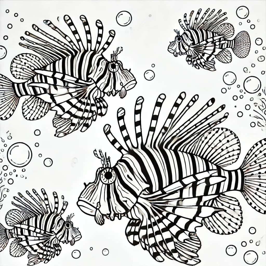 Ausmalbild - Rotfeuerfische im Meer - Rotfeuerfisch, Fische, Meer, Unterwasser